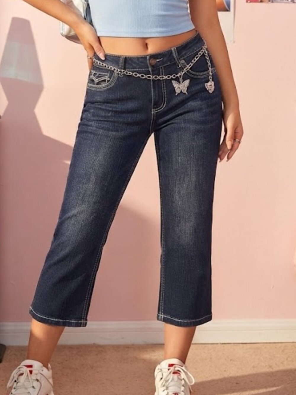 Roadrunner Jeans Embellished Flap Pocket Dark Wash Denim Crop Pants Size 8 Y2K